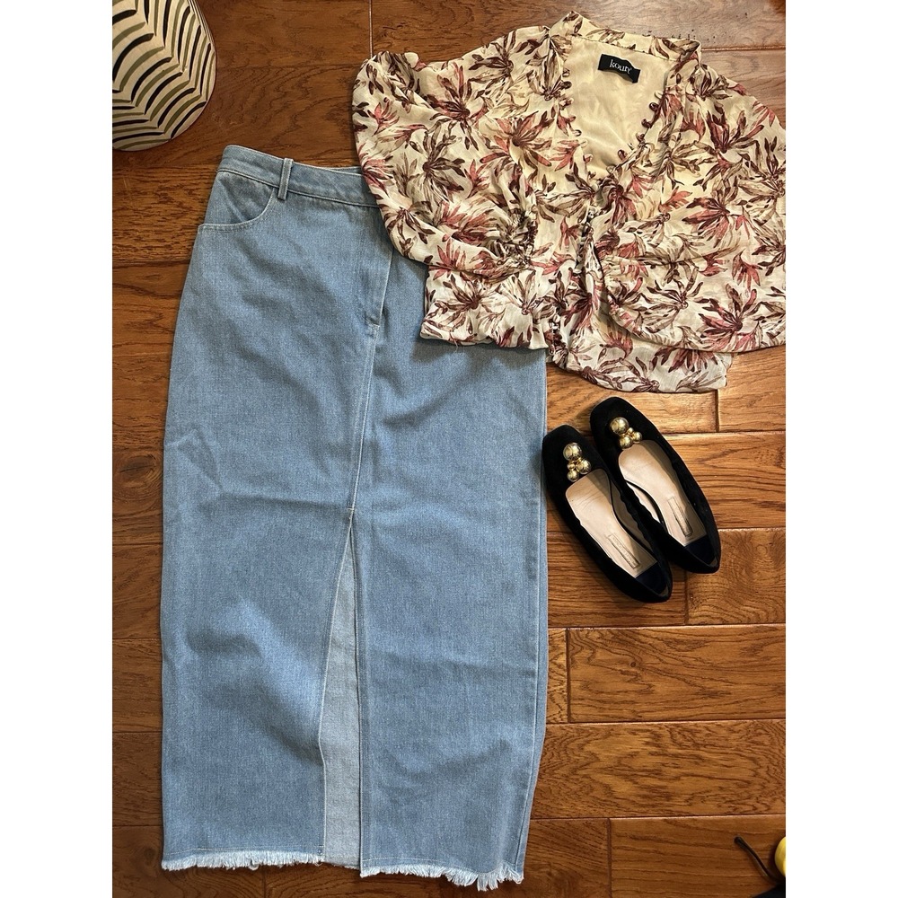 Kourt Lot Of 2 Womens Floral Chiffon Blouse & Denim Maxi Skirt Set Small